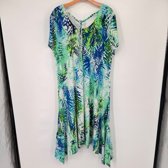 Chicos 3 Womens  Blue Tropical  Short Sleeve Asymmetrical Midi Dress Size XL - Picture 8 of 14